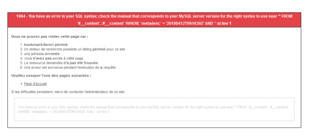 Cliquez sur l'image pour l'afficher en taille normale

Nom : Screenshot-2018-4-12 1064 - You have an error in your SQL syntax; check the manual that corresponds to your MySQL server ve[...].png 
Affichages : 62 
Taille : 88,1 Ko 
ID : 1979762