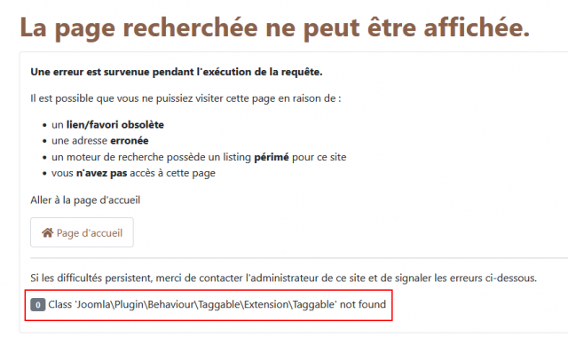 Cliquez sur l'image pour l'afficher en taille normale  Nom : installation_erreur Joomla Plugin Behaviour Taggable.png  Affichages : 0  Taille : 143,8 Ko  ID : 2044224